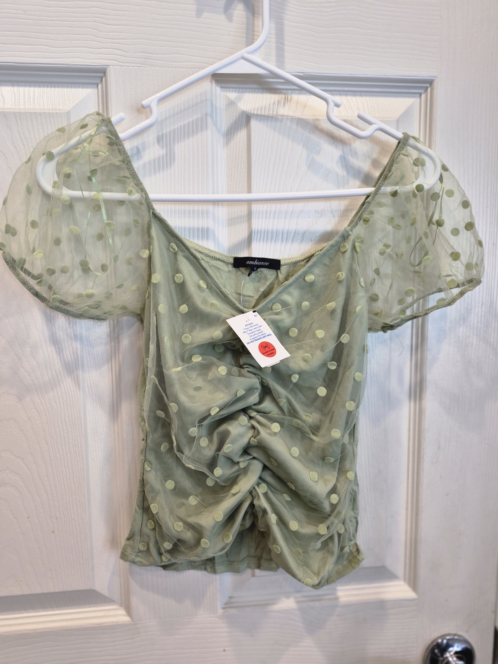 Bandolino Sage Green Polka Dot Ruched Puff Sleeve Blouse